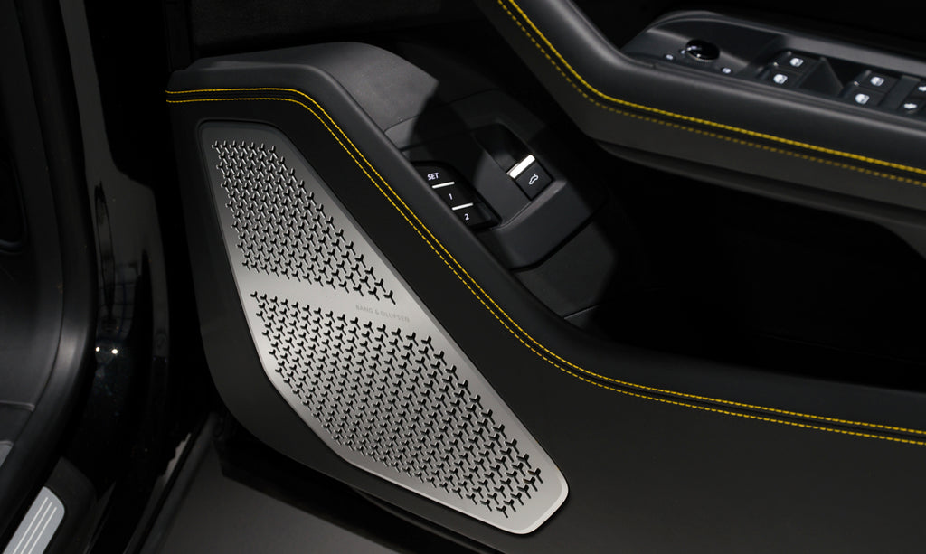 Close-up of a car door panel with textured black and yellow accents